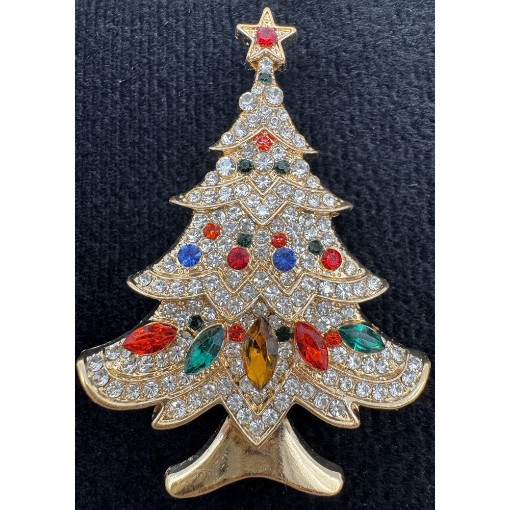 Rhinestone Christmas Tree Brooch Gold Tone Multi Color Holiday Pin‎